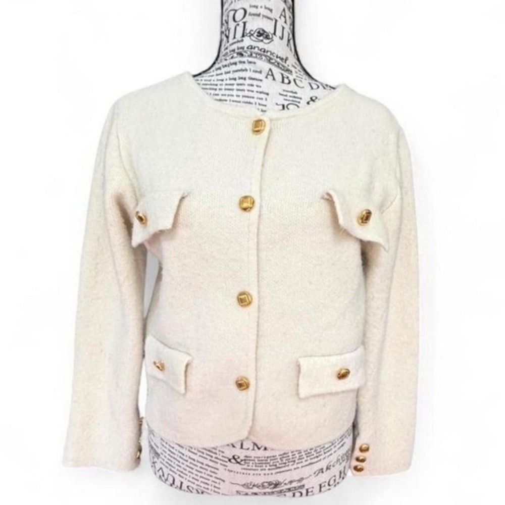 Office Siren Cream Textured Knit Gold Crest Button Cardigan Jacket